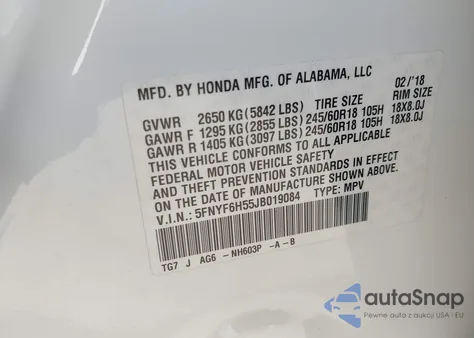 2018 Honda Pilot Ex-L from USA, damaged, VIN 5FNYF6H55JB019084